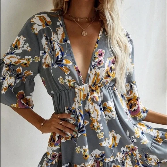 Boho Plus Size Floral Print Ruffle Hem Mini Dress - Picture 10 of 13